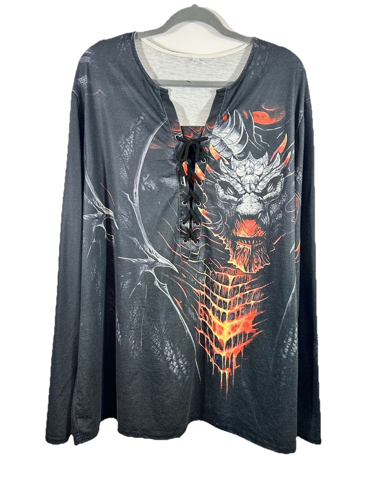 Dragon Graphic Lace Up Henley Shirt Mens 3XL Black Fire Red Long Sleeve Gothic