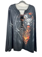 Dragon Graphic Lace Up Henley Shirt Mens 3XL Black Fire Red Long Sleeve Gothic