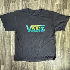 VANS Off The Wall Distressed Logo T-Shirt Black Teal Yellow Graphic Skate Tee