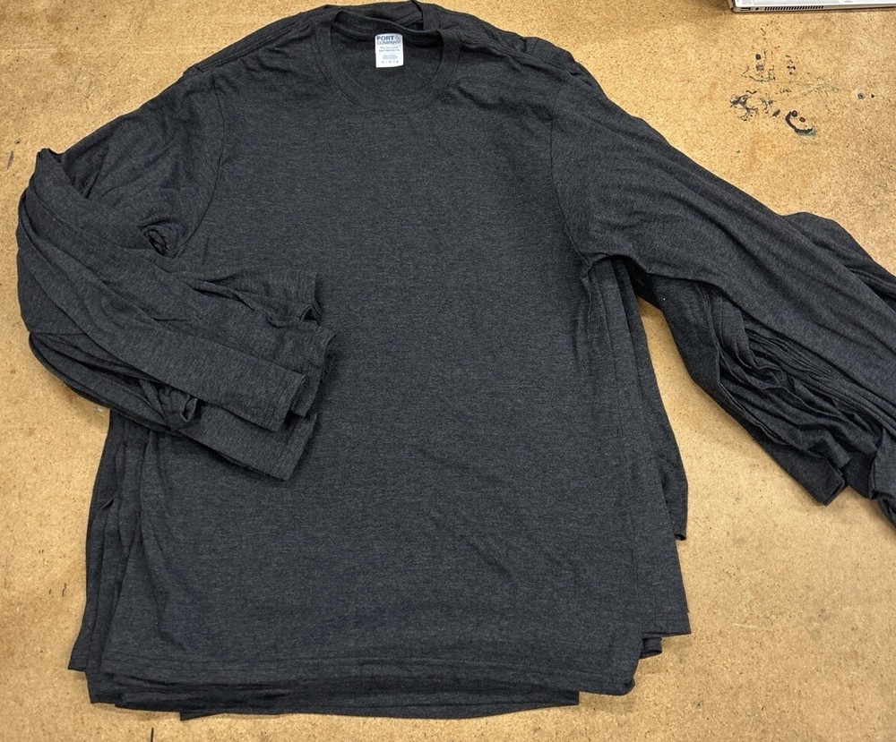 19 Port & Company Ring Spun Long Sleeve Plain Blank T-Shirt Mens M Dark Grey