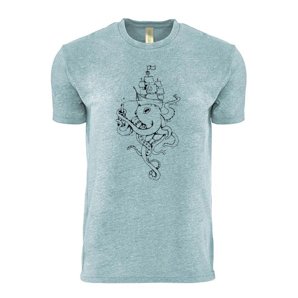 Akinz Hand-Printed Octopus & Ship Design T-Shirt Gray Crew Neck organic tee