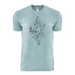 Akinz Hand-Printed Octopus & Ship Design T-Shirt Gray Crew Neck organic tee