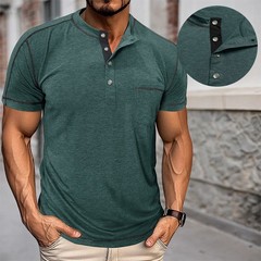 Men Short Sleeve Solid Half Open Collar T-shirt Button Pullover Casual Tee