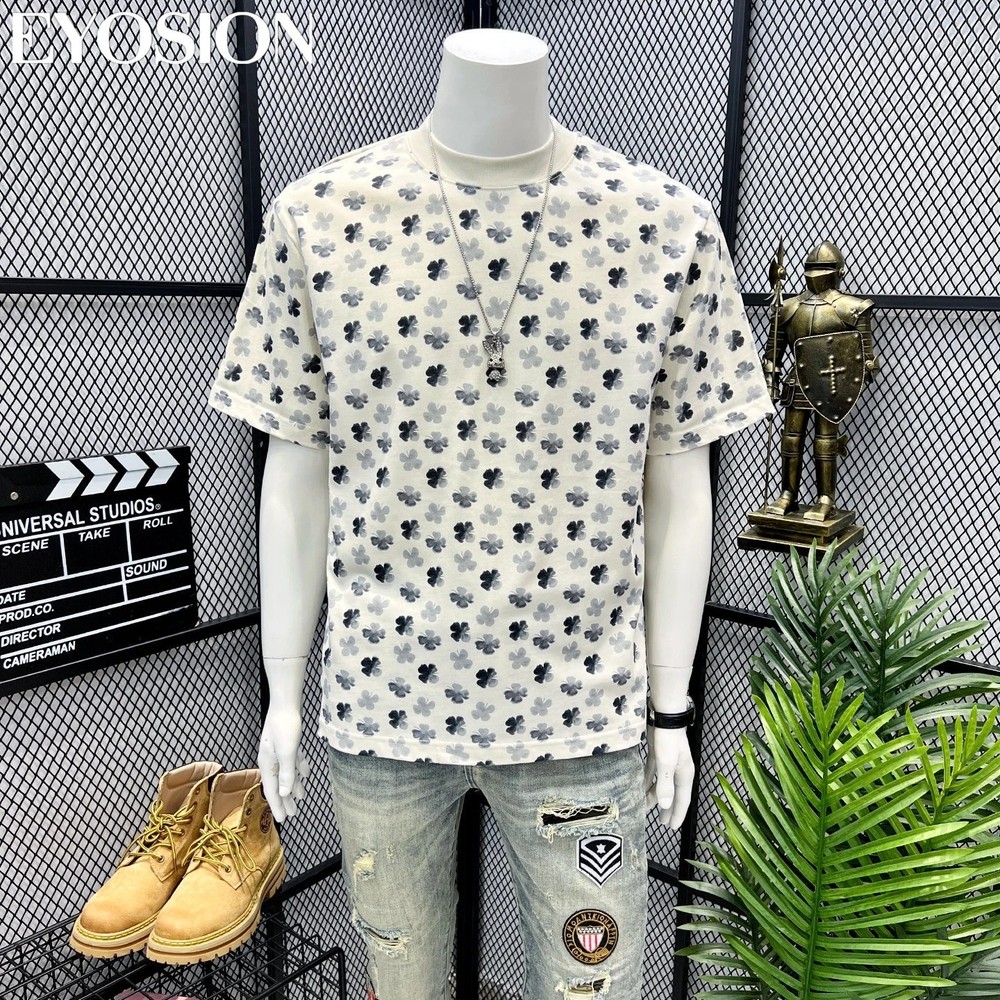 Men’s Floral Print Short Sleeve Cotton T-Shirt Casual Retro Round Neck Tee