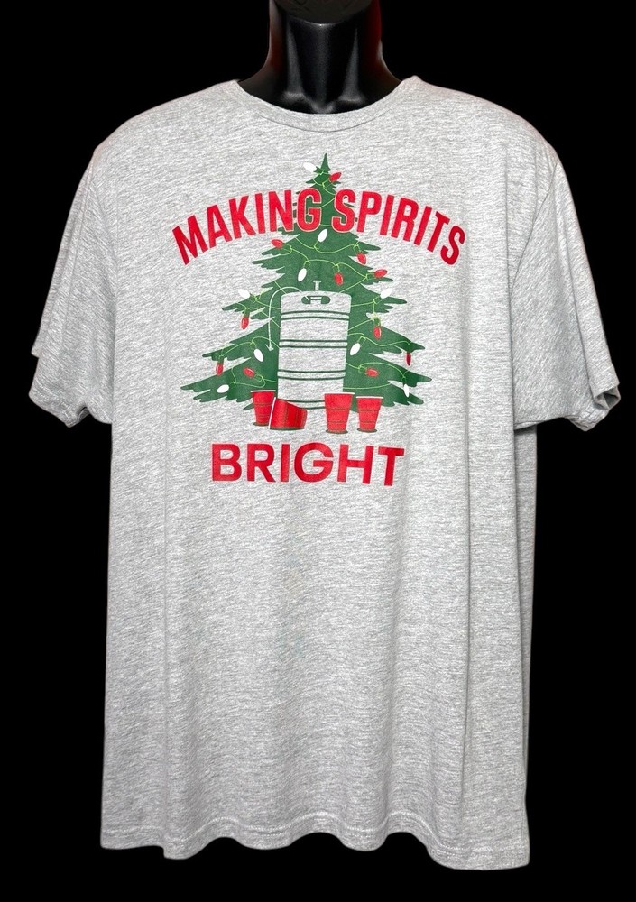 Holiday Time Men’s Gray Christmas T-Shirt Keg Making Spirits Bright Sz XL 46/48