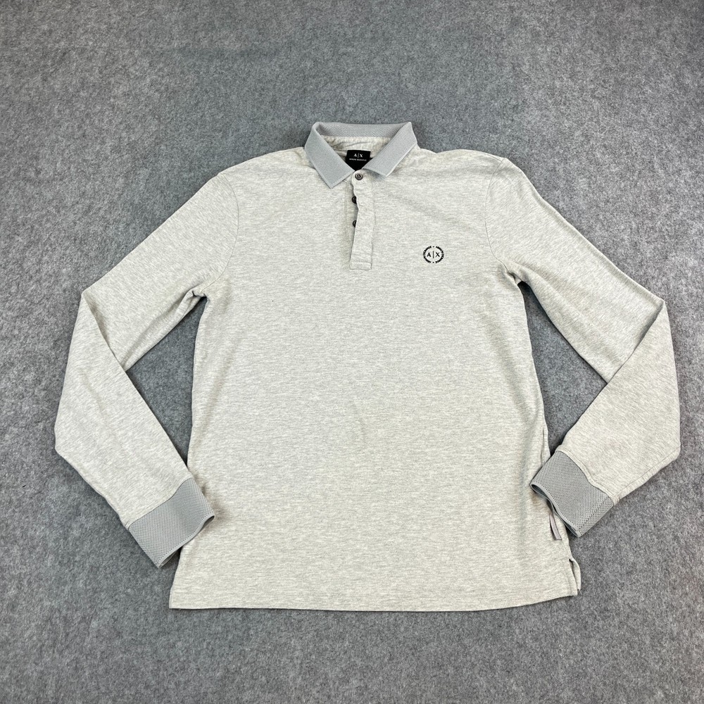 Armani Exchange Mens Long Sleeve Polo Shirt S Grey Marl AX Logo Contrast Cuff
