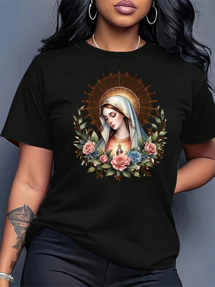 Floral Religious Graphic T-Shirt Round Neck Short Sleeve Top