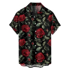 Mens Button Down Black Red Rose Floral Print Hawaiian Top Novelty Summer Shirt