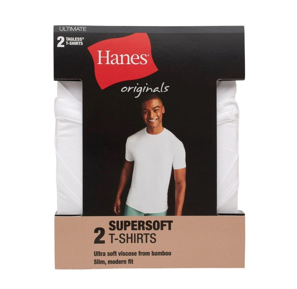 Hanes Originals Supersoft Tagless Bamboo Viscose T-Shirt White Small Crew Neck