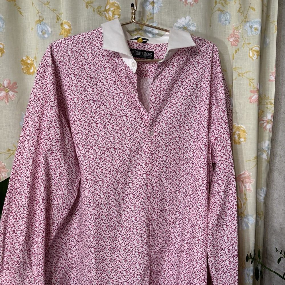 Stacy Adams Shirt XXL , White W Pink Flowers, White Collar,18 1/2 (34/35) ,pics