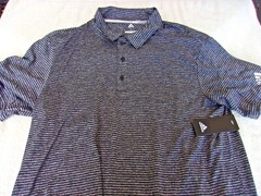 NWT Adidas polo, mens S, M, L, or XXL, gray, black stripes, pointed collar, $60
