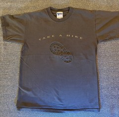 Discovery Channel “TAKE A HIKE” boot print shirt, M, vintage, embossed medium