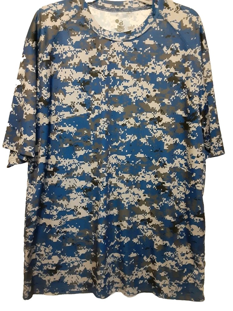 BADGER Sport Blue Taupe Black Print Fishing Sport Outdoor T SHIRT Mens 2XL Poly