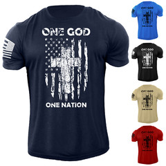 Men’s One GOD One Nation Cross USA Flag T Shirt American Patriotic 100% Cotton