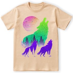 Wolves Howling Moon Forest Silhouette Neon Synthwave Retro Graphic Tee