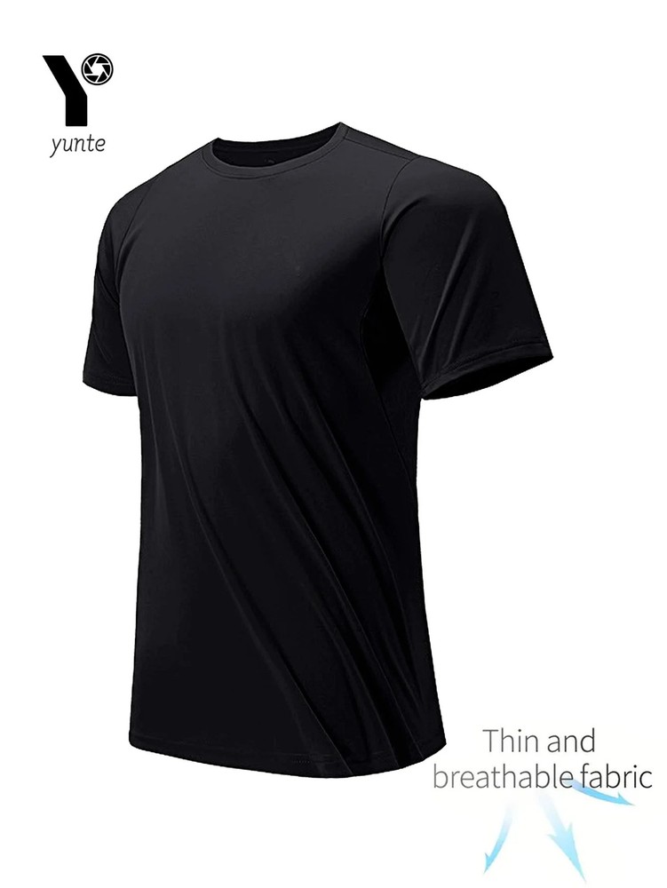 Men T Shirt Quick Dry Ultra Light Black Round Neck Short Sleeve Gym Top