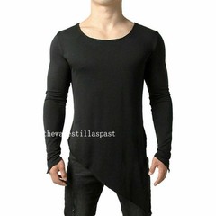 Mens Asymmetric Slit Hem Summer T-shirt Top Tee Long Sleeve Loose Pullover Shirt