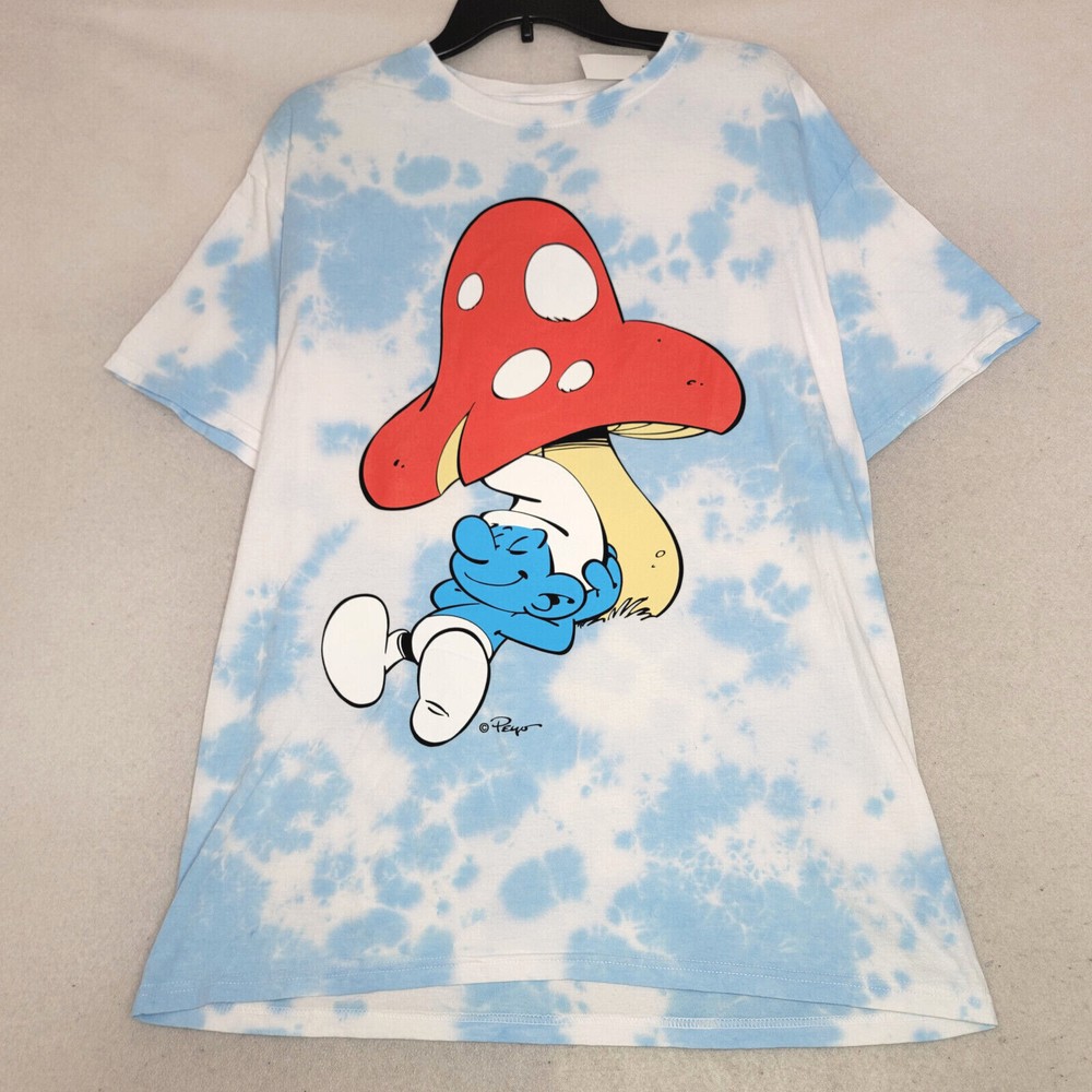 SMURFS Tie Dye SHIRT Mens Medium Blue White Mushroom Casual Animation NWT