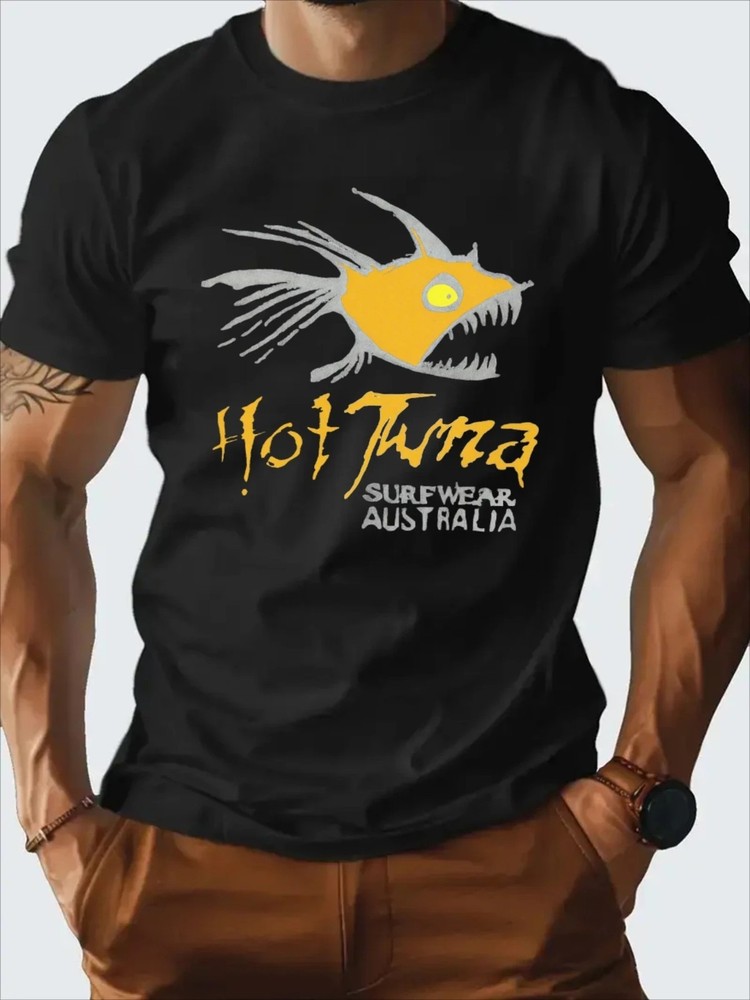 Men s Hot Tuna Surf Graphic T-Shirt – 100 Cotton Black Casual Summer Tee