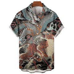 Mens Button Down Japanese Tiger Skull Print Hawaiian Top Novelty Summer Shirt