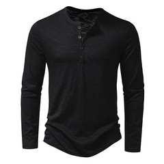 Men’s Autumn Cotton Henley Neck T-Shirt, Long Sleeve, Casual Slim Fit