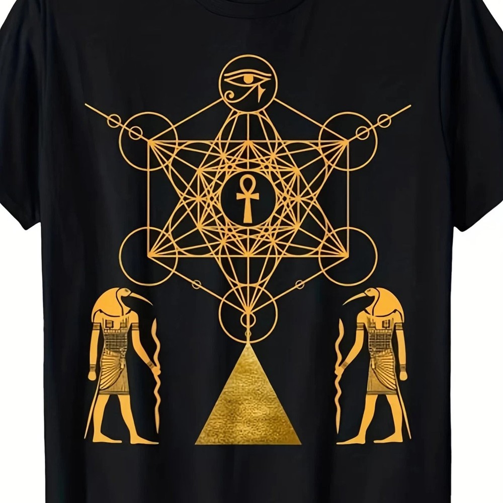Men Egyptian God Thoth Sacred Geometry Retro Graphic Tee Golden Cotton Gift