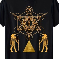 Men Egyptian God Thoth Sacred Geometry Retro Graphic Tee Golden Cotton Gift