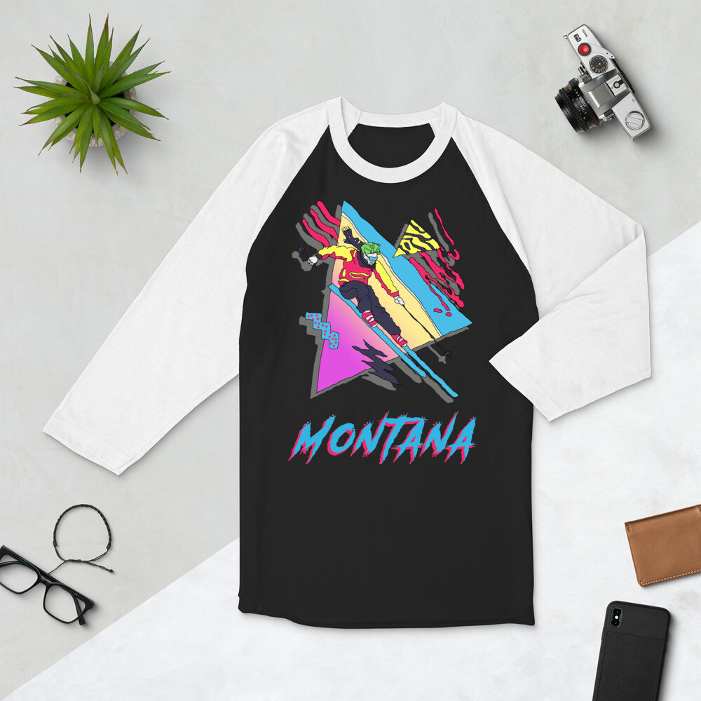 Skiing Shirt, Retro Ski Montana, Skier Gift, Vintage 3/4 sleeve raglan shirt