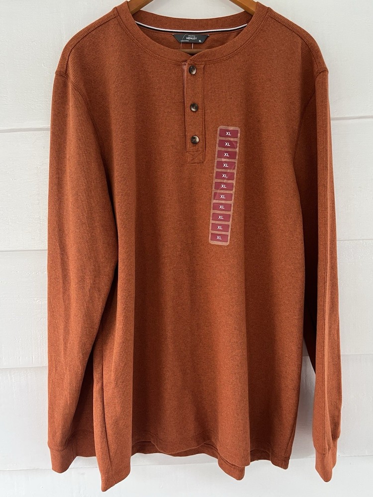 Therma Henley Men’s Rust Shirt Waffle Knit Cotton Blend Thick Fall XL New