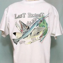 Cartoon Shark Barracuda Needlefish Florida Key Fisherman Fun Men’s Large T-Shirt