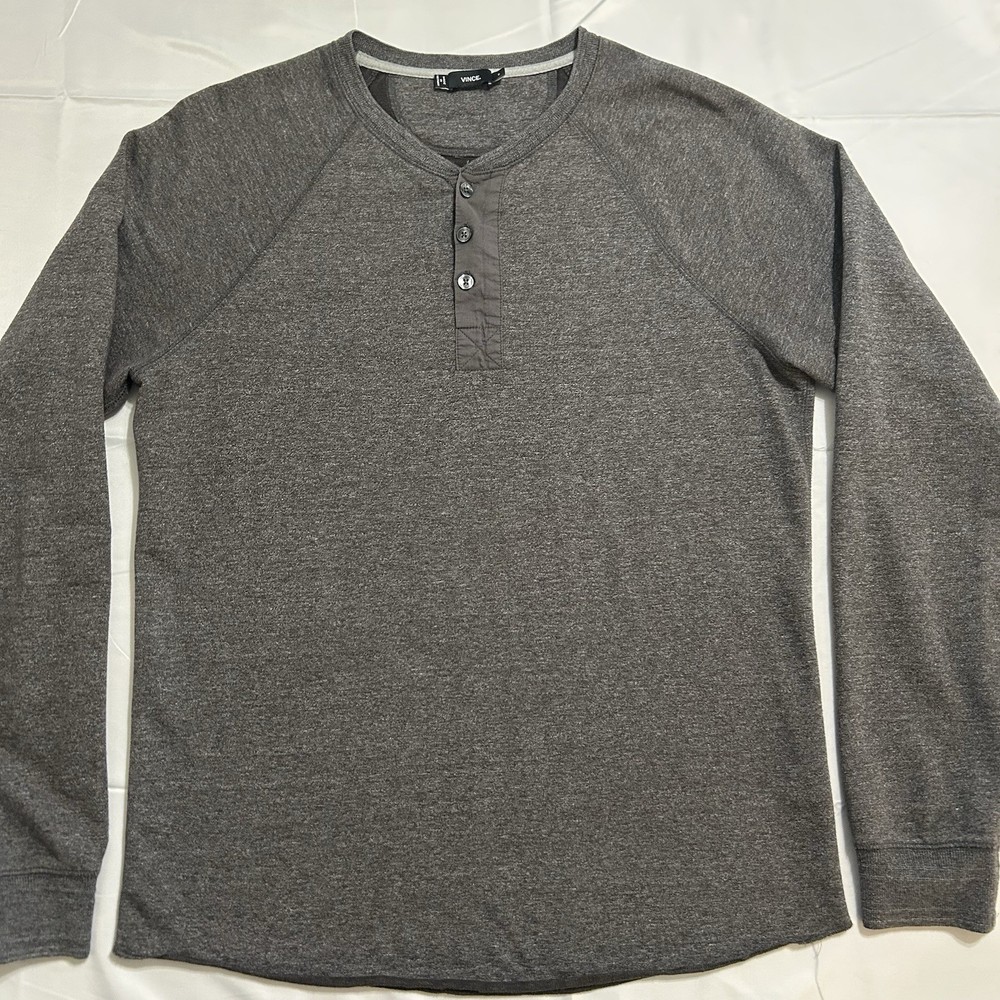Vince Henley Pullover Shirt Mens M Gray Long Sleeve Raglan Button Up Casual
