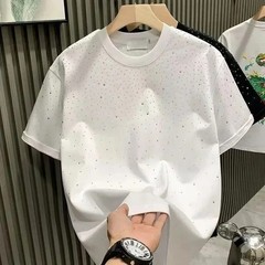 New Men Women Luxury Diamond Rhinestones Black White T-Shirt High Quality