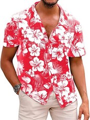 Men’s Hawaiian Floral Shirt Summer Casual Button Down Beach Vacation Top