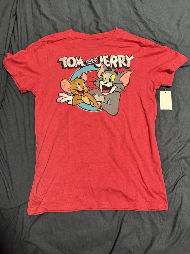 Tom & Jerry Men’s M Red Graphic Print Tagless Crew Neck Short Sleeve T-Shirt