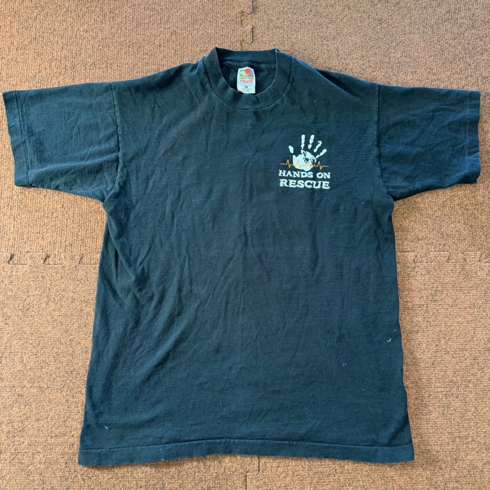 Fruit of the Loom Hands On Rescue Graphic T-Shirt Mens Large Black Heavy Cotton