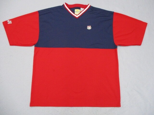 Vtg Mecca Mens T-Shirt Sz 2XL Y2K Blue Red V Neck Short Sleeve Jersey Spell Out