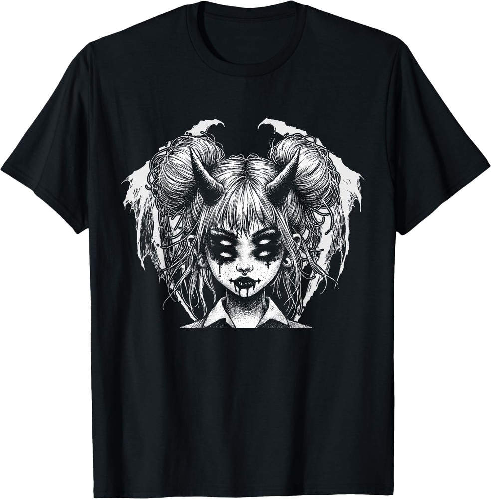 Satanic Devil Halloween Horned Girl Goth Glitch T-Shirt