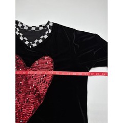 Mens Black Velvet Long Sleeve V Neck Shirt Red Sequin Heart Checkerboard Trim M