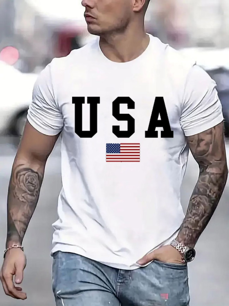 USA Graphic Print T-Shirt For Men Casual Short Sleeve Tee 1 Pcs 100%