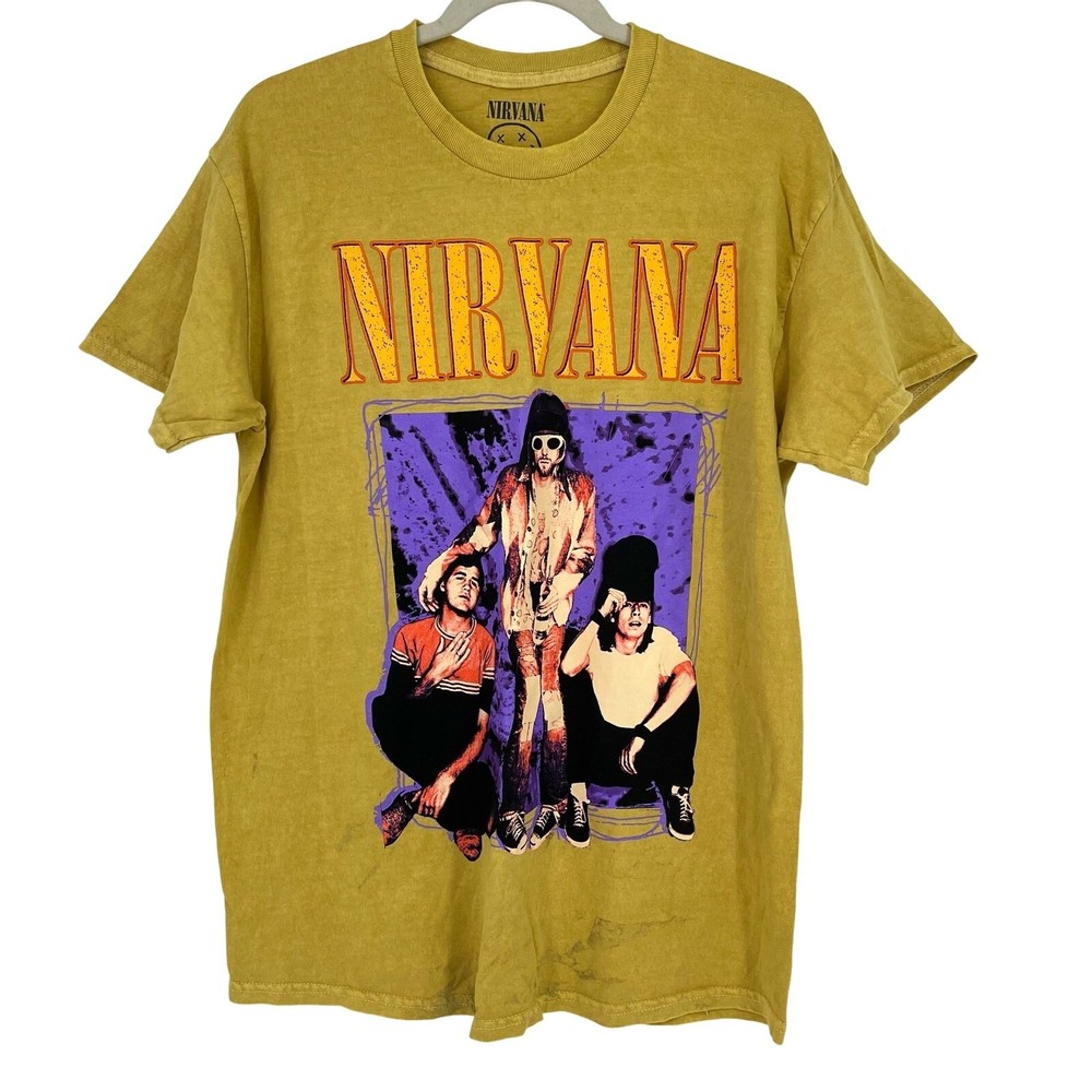 Officially Licensed Nirvana Grunge Tee Yellow Acid Wash Large Vintage Style