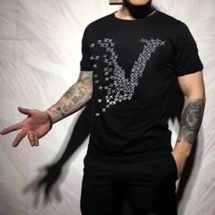 Fashion Men Hot Drill Planes Printed Rhinestones Luxury Slim Black White T-Shirt