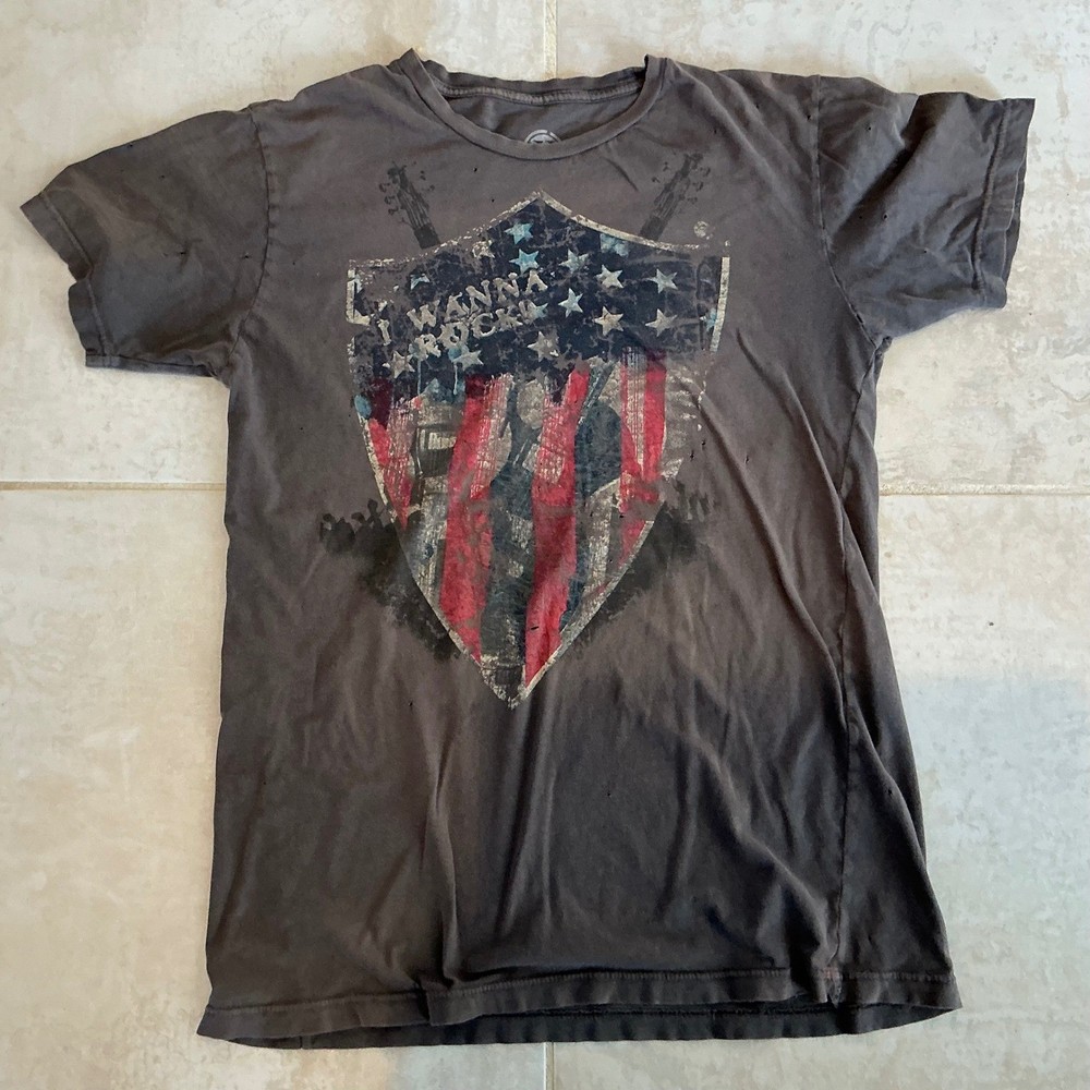 VTG Hybrid Mens M Graphic T-shirt Thrashed Faded Torn Distressed Wanna Rock