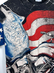90s AOP Wolf Motorcycle American Flag T-Shirt Adult Medium Single Stitch 1994