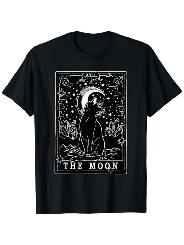 The Moon Tarot Card Cat T-Shirt – Mystical Celestial Black Cat Graphic Tee