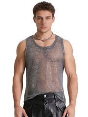 Men Tank Mesh Fabric Top Sparkly Vest Fashionable Clubwear Nightclub Fishnet
