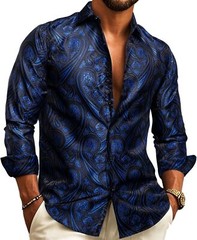 Mens Silk Paisley Western Shirt Long Sleeve Button Down Cowboy Dress Top Casual