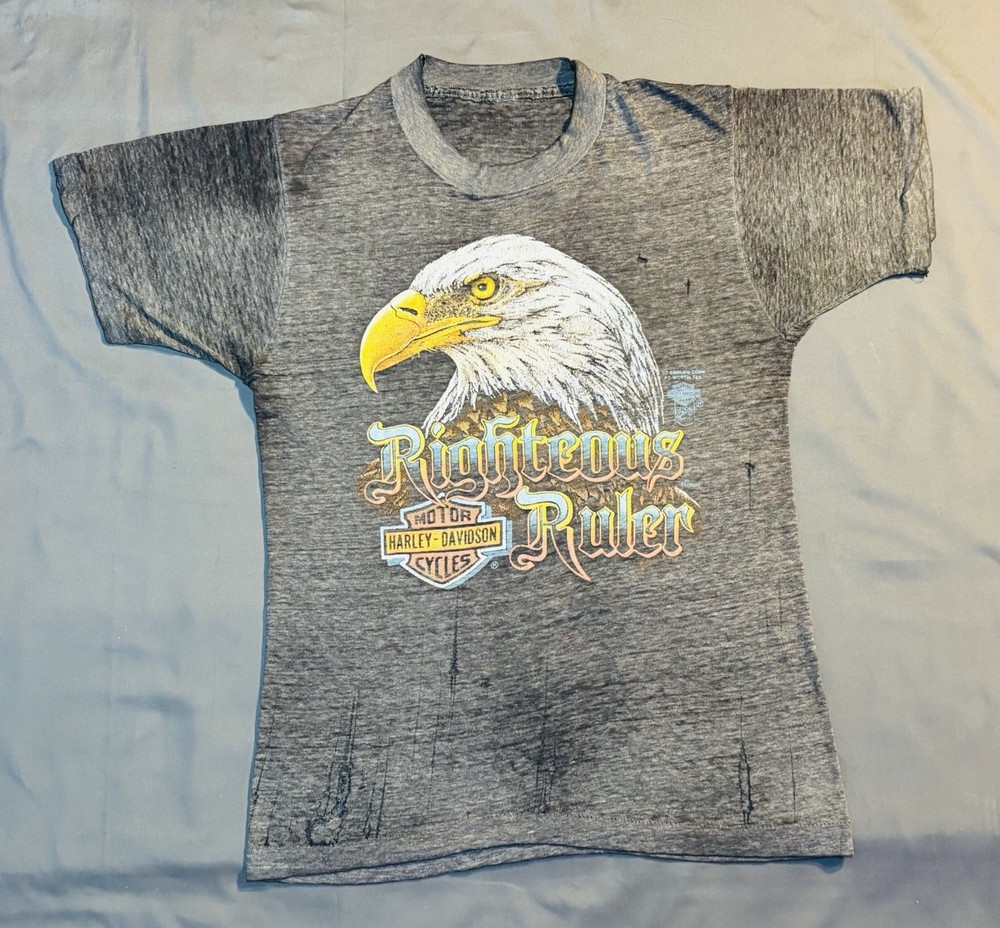 Vintage 3D Emblem Harley Davidson Shirt Righteous Ruler Eagle 80’s Biker Thin
