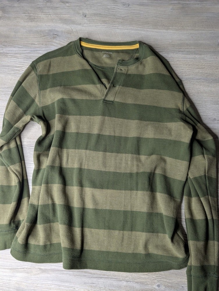 Lands’ End Men’s Striped Waffle Knit Henley Long Sleeve Shirt