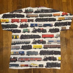 Vintage Y2K Train All Over Print Shirt XL Jerzees Steam Locomotive Railfan Tee
