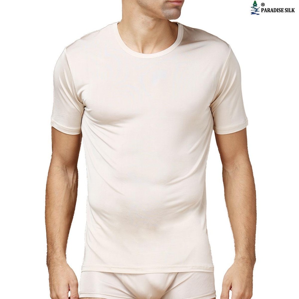 Pure Silk Knit Mens Shirt Round Neck Short Sleeves Solid US S M L